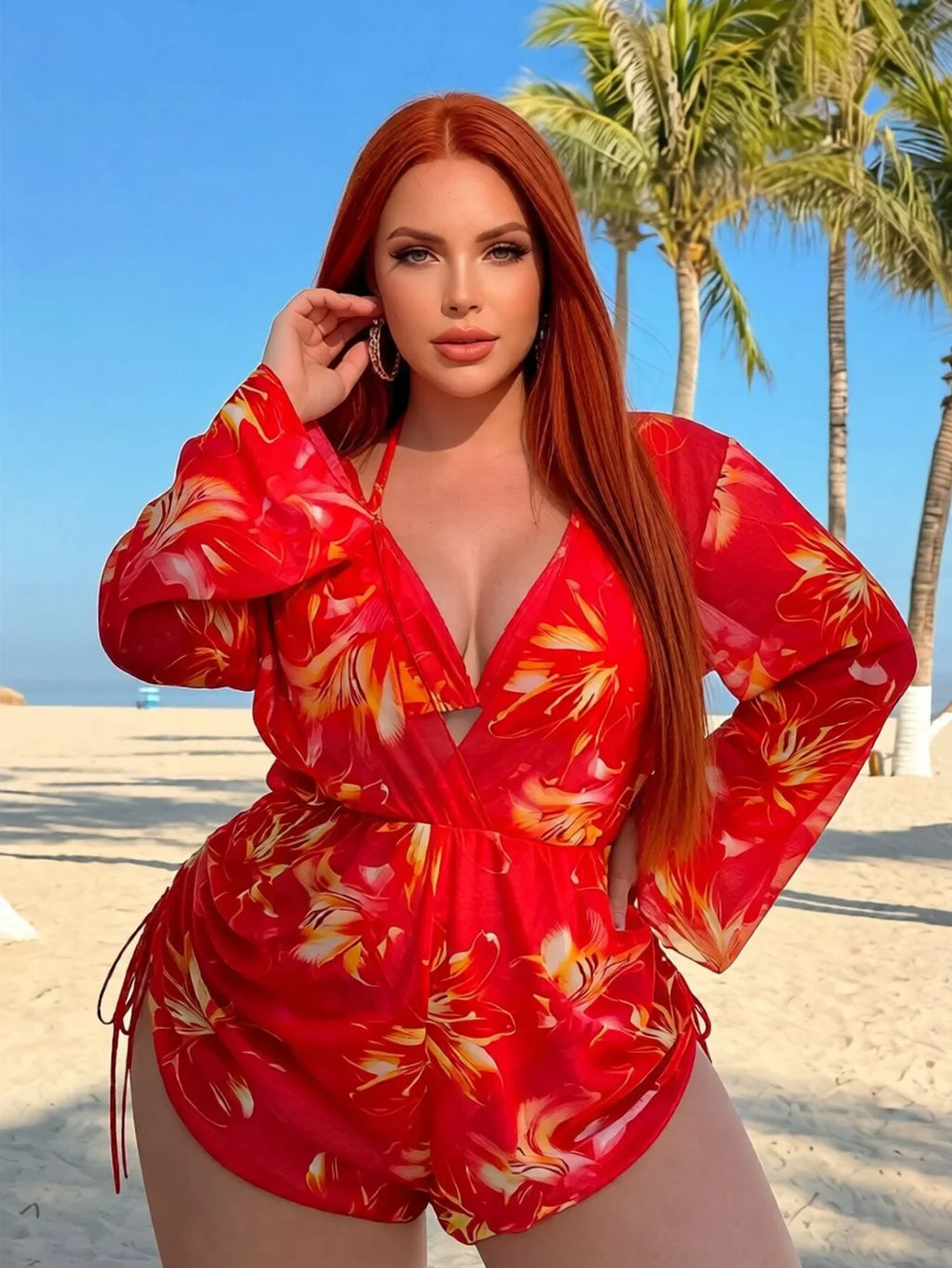 Red Floral Print Tankini Set 2026 Women Long Sleeve Drawstring Cover Up 3 Piece Swimsuit Beach Holiday Bathing Suit Swimwear 4XL