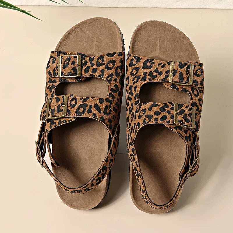 Fashion Bukcle Leopard Print Sandals Women 2025 Summer Back Strap Platform Sandles Woman Comfortable Plus Size Beach Sandalias