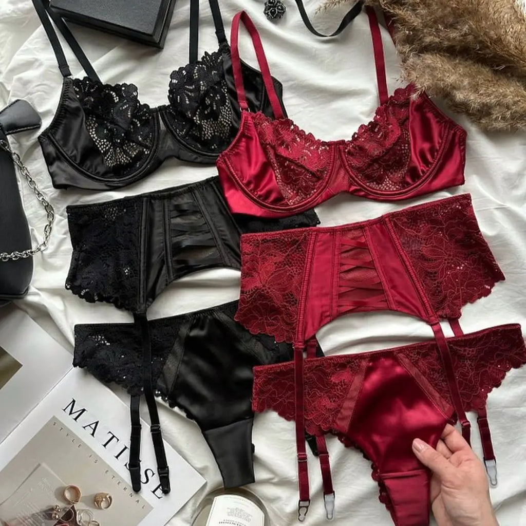 Toucheart 3 Piece Set Sexy Underwear Set For Women Mesh See-Through Lace Thin Sling Bra Set With Girdle Sexy Lingerie Suit New