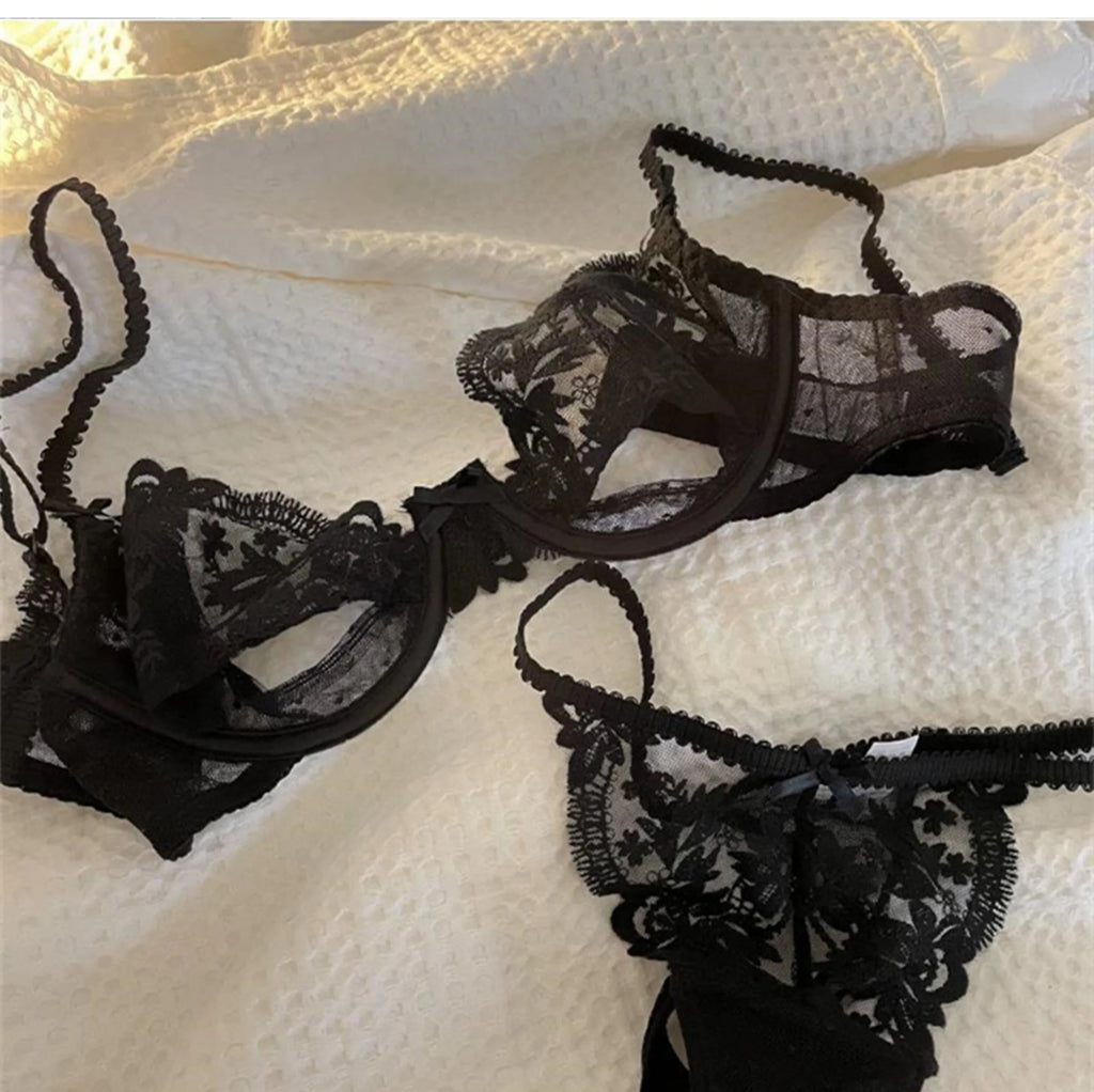 MOYISU Parisian Sheer Bralette Set - Ultra-Thin Wire-Free Bra No Padding Anti-Sag Lace Cutout Lingerie Sexy Vacation-Ready Tushy