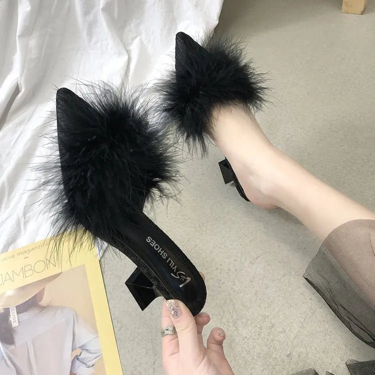 Women's Half Slippers New Summer Sexy Pointed Temperament High-heeled Slippers Female Fashion Furry High Heels Solid Slides