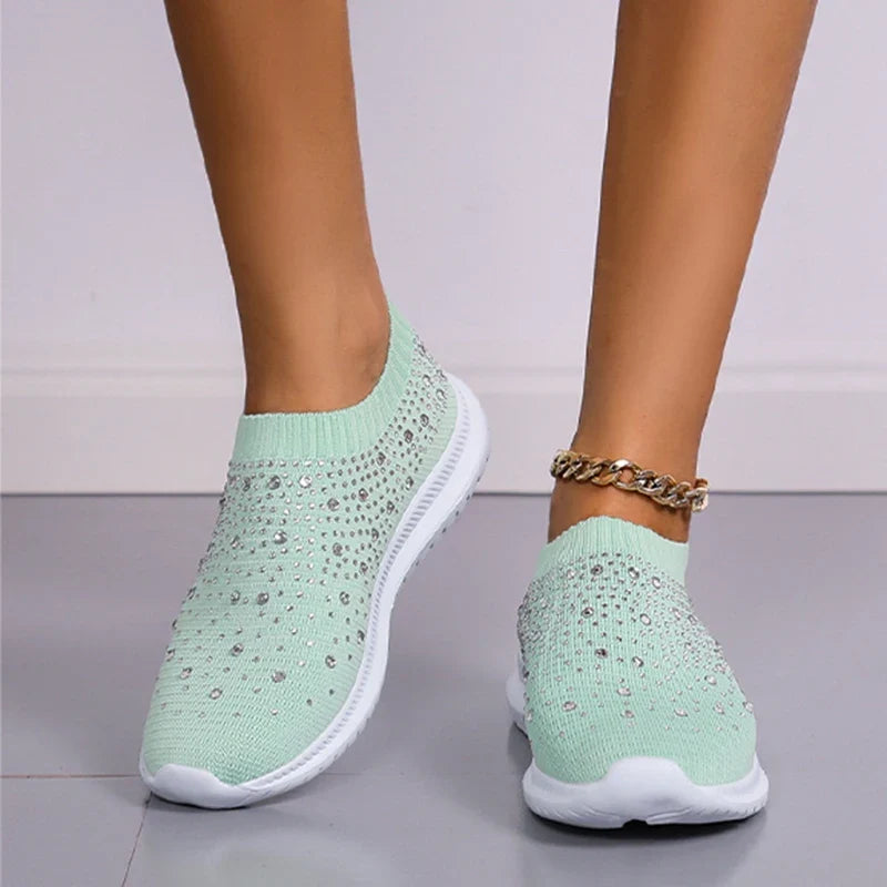 Women's Slip-On Crystal Sneakers 2025 Breathable Mesh Plus Size 35-43 Casual Flats Women Comfort Soft Sole Running Walking Shoes