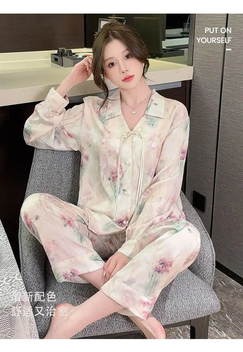 Spring and summer new Chinese style pajamas, ice silk long sleeves, large size home clothes set, retro buckle home clothes