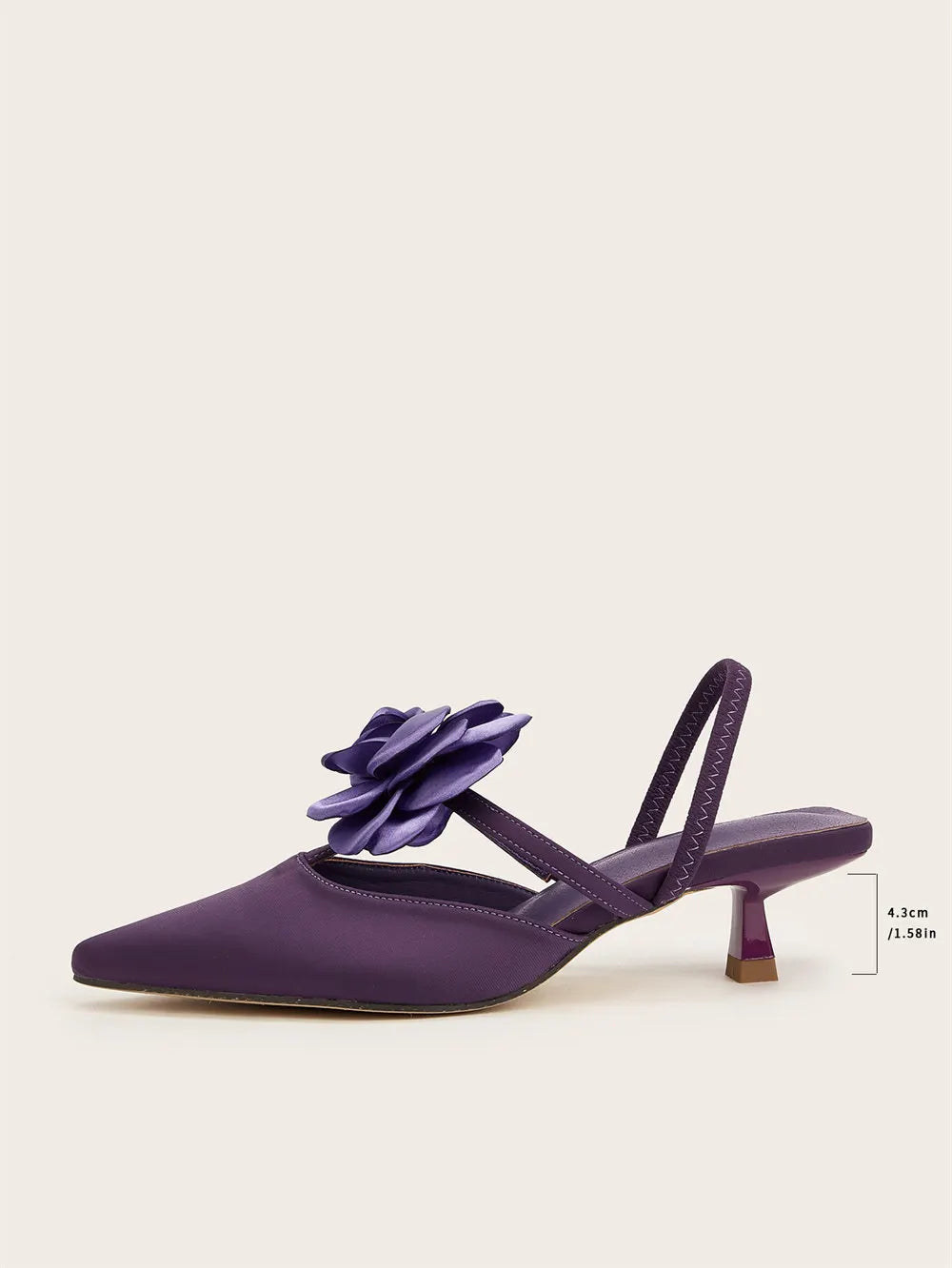 2025 Large Size 43 Summer Women's Pointy Toe Kitten Heels Slingback Pumps Elegant Satin Sandal Rose Flower Office Lady Shoes