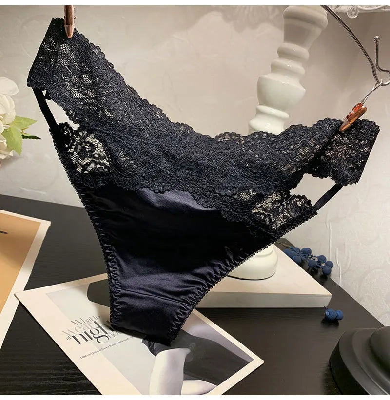 Women's Briefs Satin Lace Sexy Women's Underwear Low Waist Transparent Hollow Out Panties Breathable Soft Seamless Lingerie