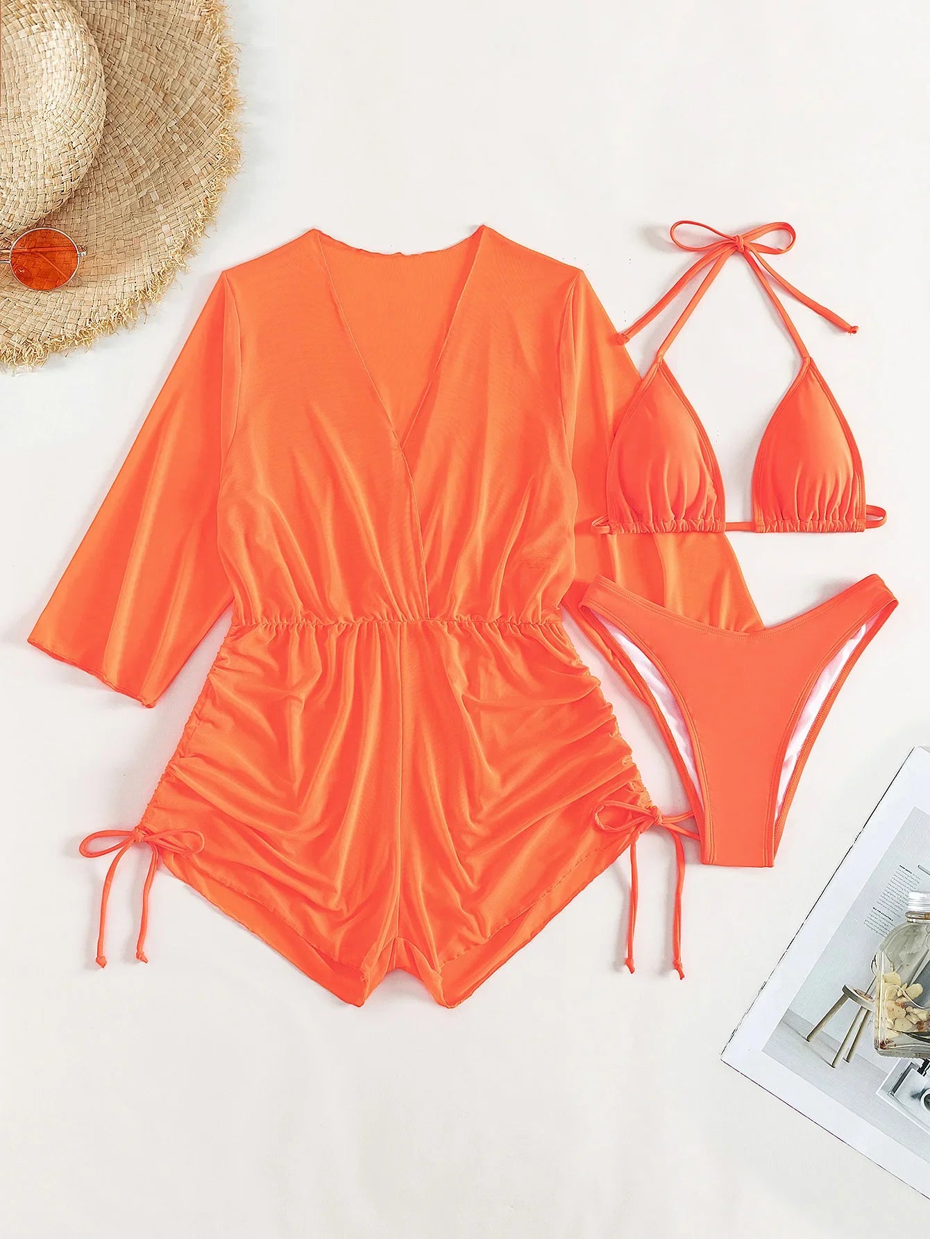 Sexy Long Sleeves Cover Up Bikini Set Women White Black Push Up Mesh Dress 3 Piece Swimsuit Bathing Suit Thong Swimwear 2026