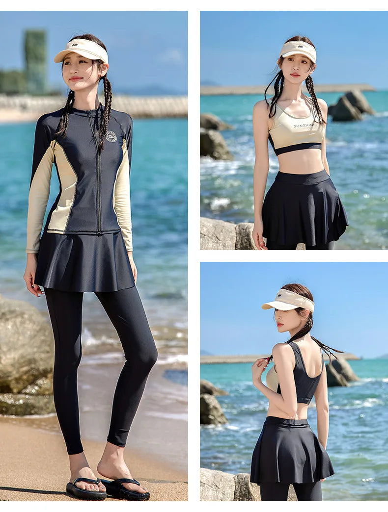 Split Swimsuit Women's Four Piece Sports Slimming Diving Beach Surfing Conservative Sun Protection Long Sleeved Swimsuit Set