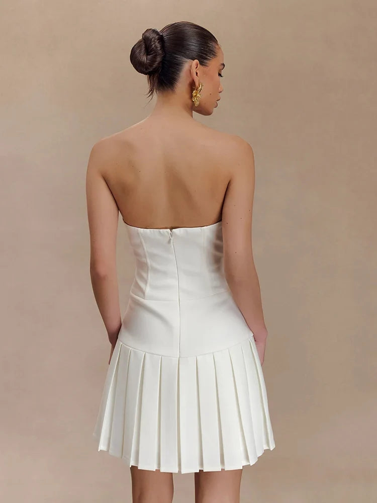 Bowknot Off Shoulder Strapless Party Short Dress for Women 2025 Elegent Lady White Pleated Mini Vestidos Female Backless Dress