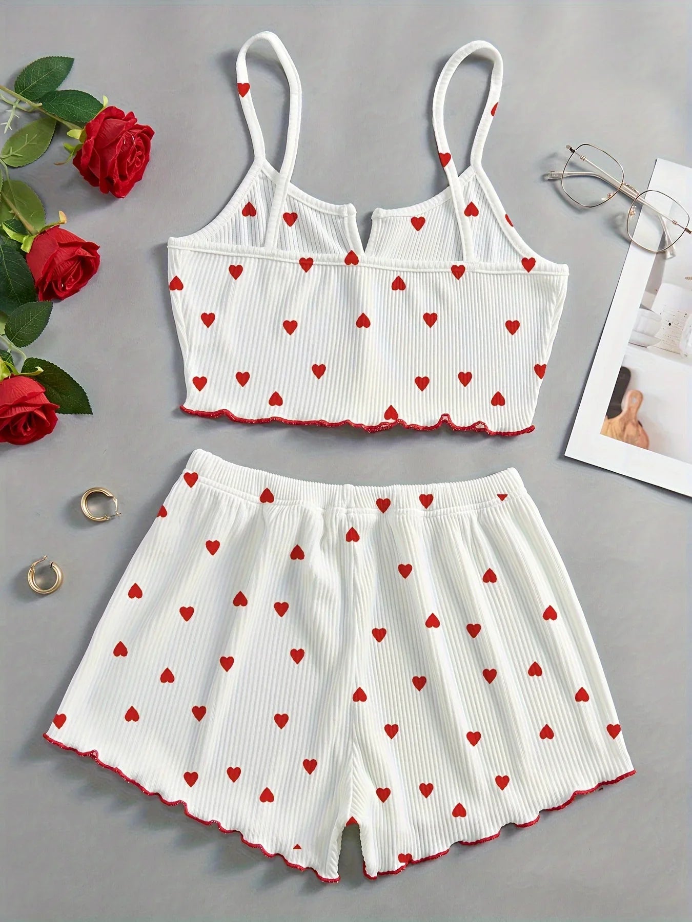 Valentine's Day Love Print Bow Dipped Crop Tops and Shorts Set Women Sexy Pajamas Sets Summer Casual Loungewear Home Clothes