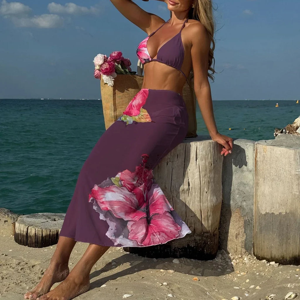 10 Color Flowers Halter Bikini Female Swimsuit Women Swimwear Three-pieces Bikini set With Skirt Bather Bathing Suit Swim V6637C
