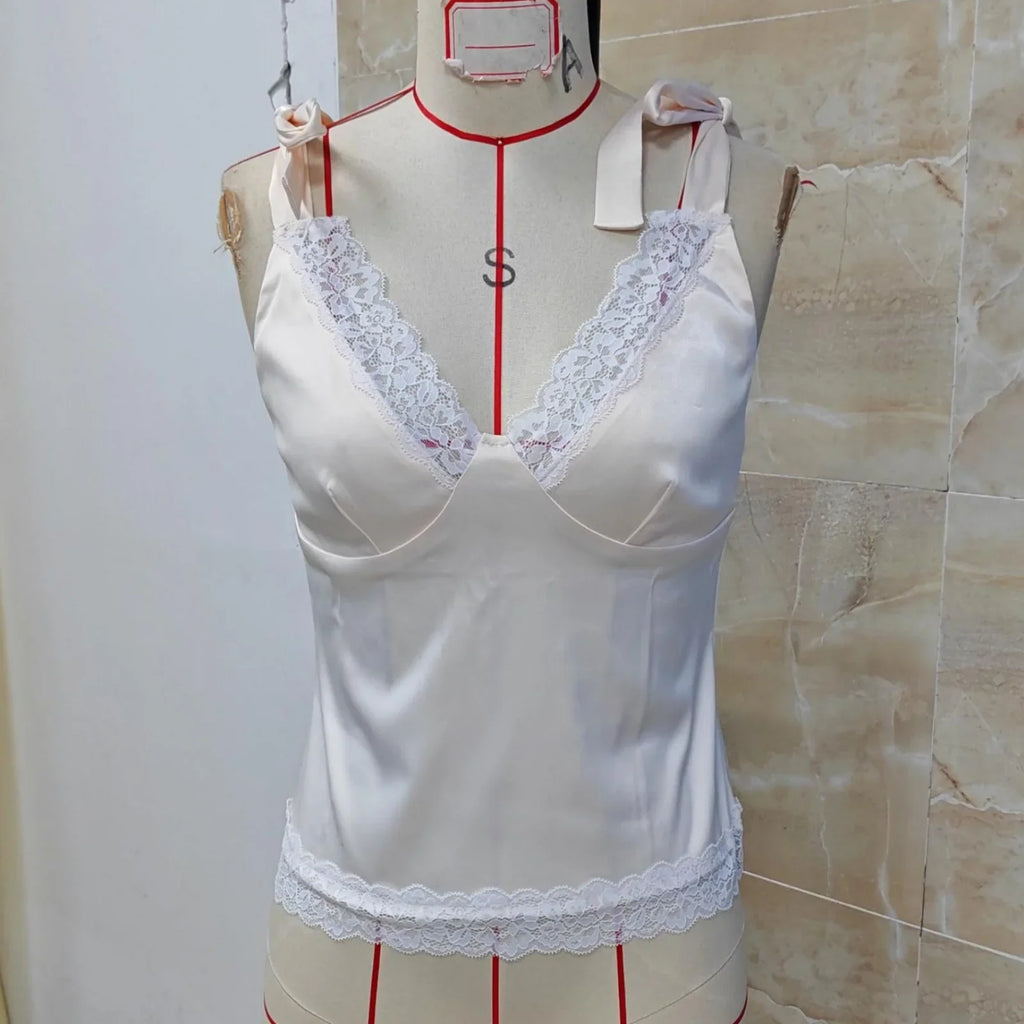 Fashion Satin Deep V Neck Vest Women Summer Solid Color Sleeveless Lace Trim Tie Shoulder Satin Tank Tops