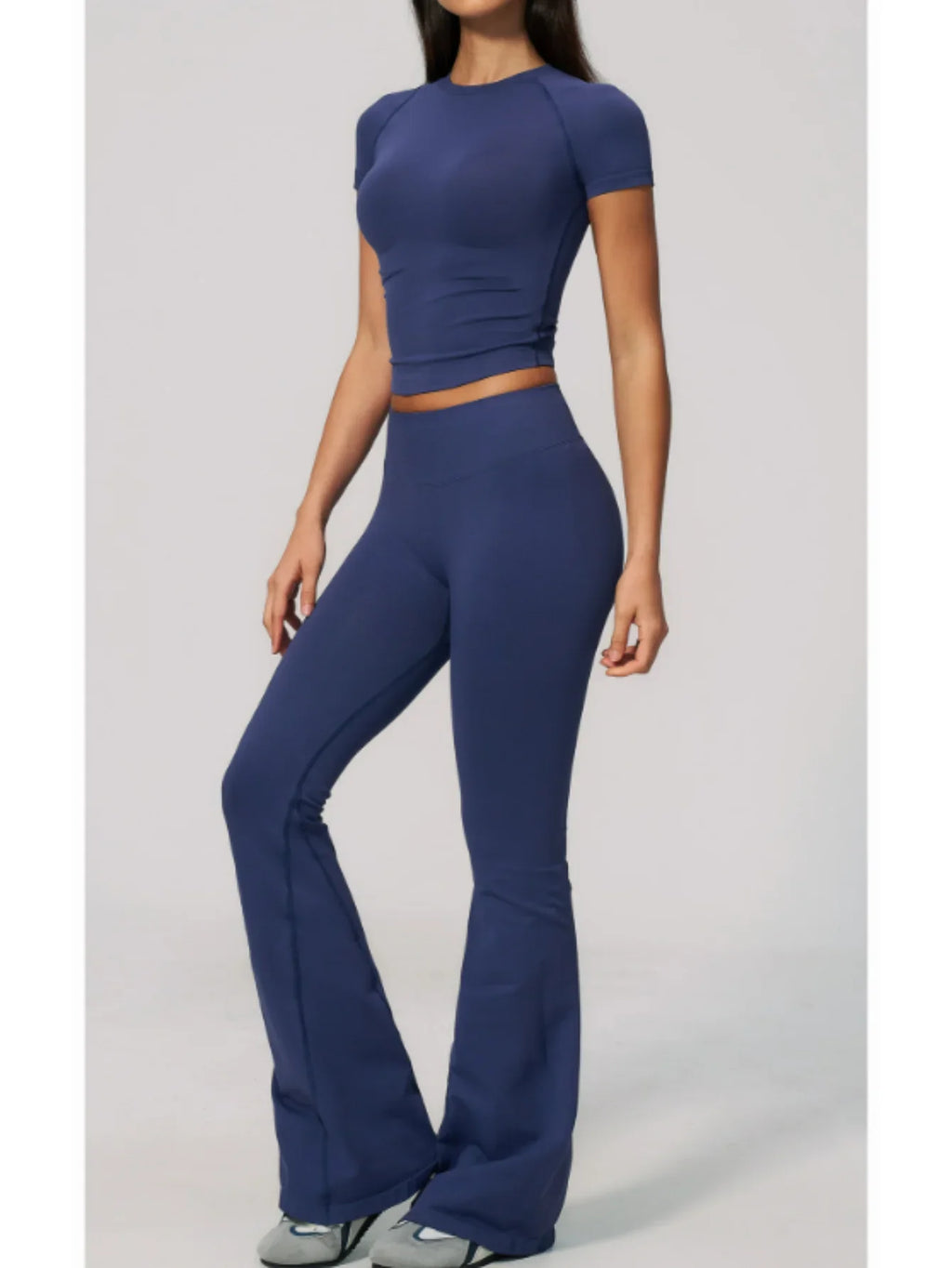 Seamless High Elasticity Yoga Sets Women Short Sleeve O Neck Sports T Shirts Workout Outfits Running Wide Leg Pants Fitness Suit