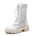 2026 New Big Size 45 Chic Black Lace Mesh Summer Boots Women Round Toe Square Heels Shoelace Zip-up Mid-calf Boots Shoes