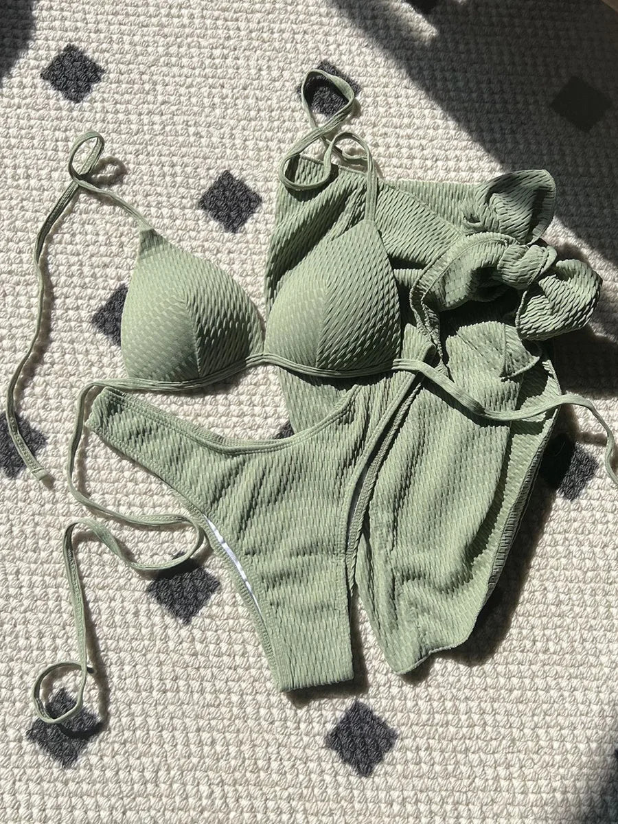 With Beach Sarong Bra Cup Wrinkled Bikini Female Swimsuit Women Swimwear Three-pieces Bikini Set Push Up Bathing Suit Swim Lady