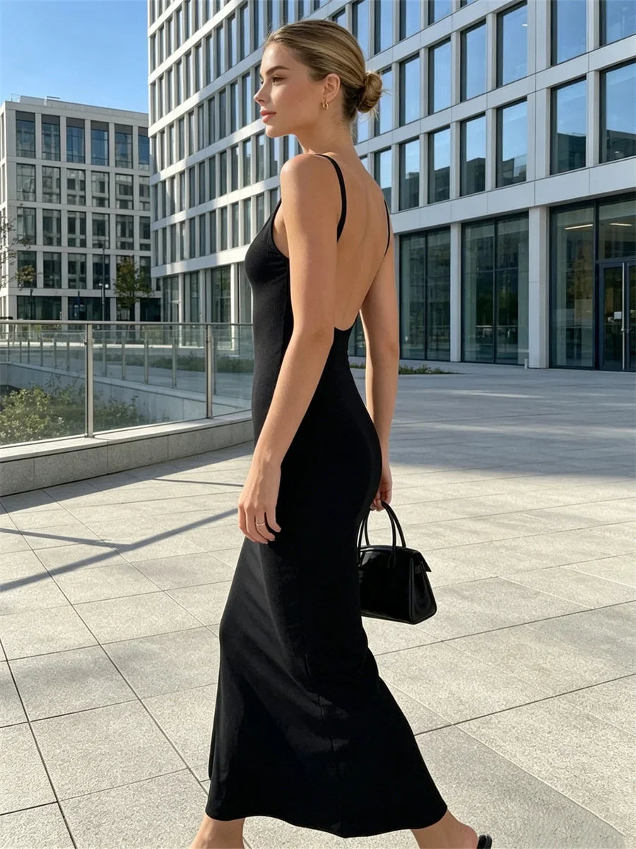 Womens Solid Color Dress Spaghetti Strap U Neck Bodycon Long Dress Sleeveless Backless Casual Daily Party Club Dresses Summer