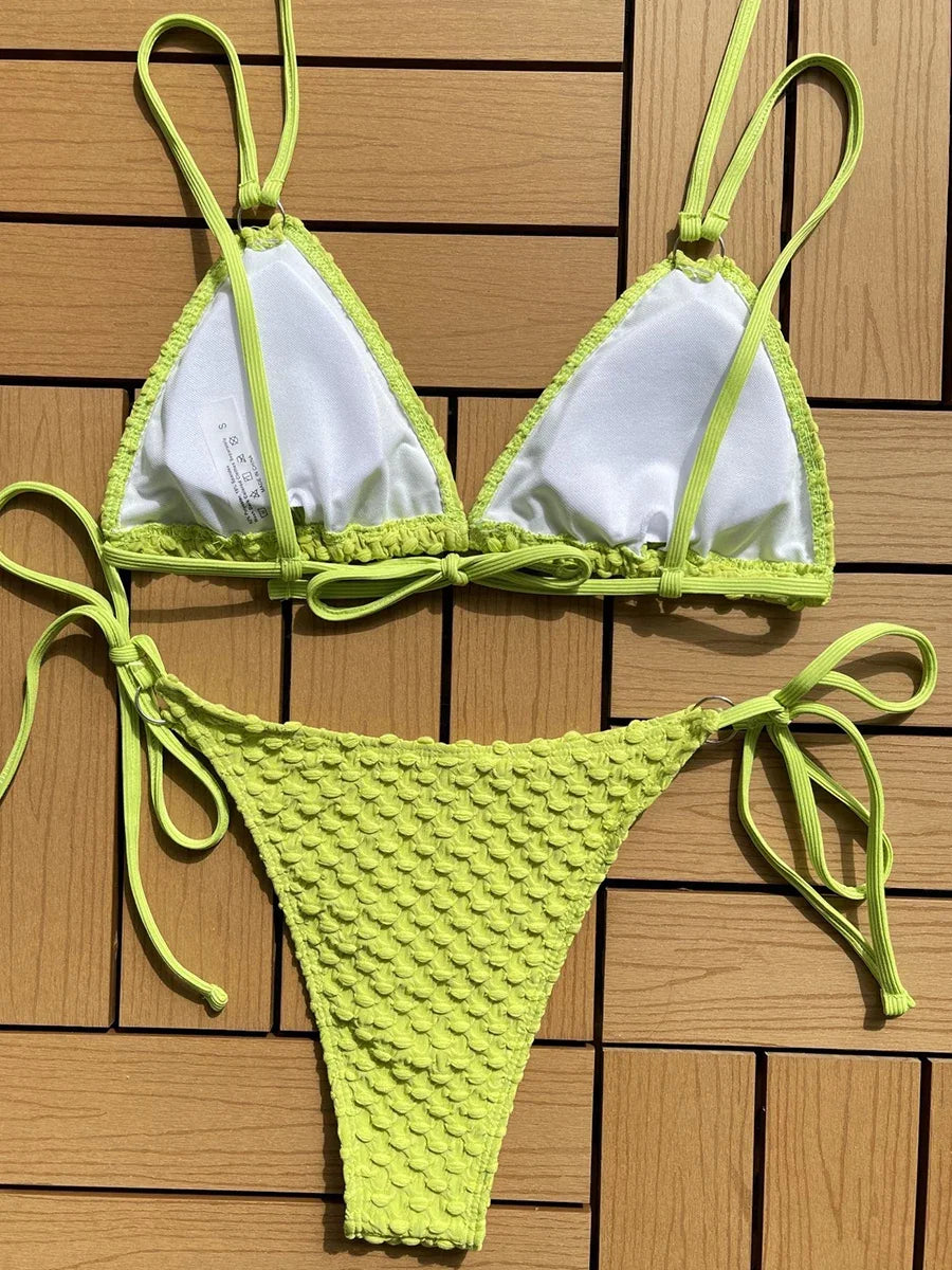 Sexy Wrinkled Strappy Halter Bikini Female Swimsuit Women Swimwear Two-pieces Bikini set Tie Side Bather Bathing Suit Swim Lady