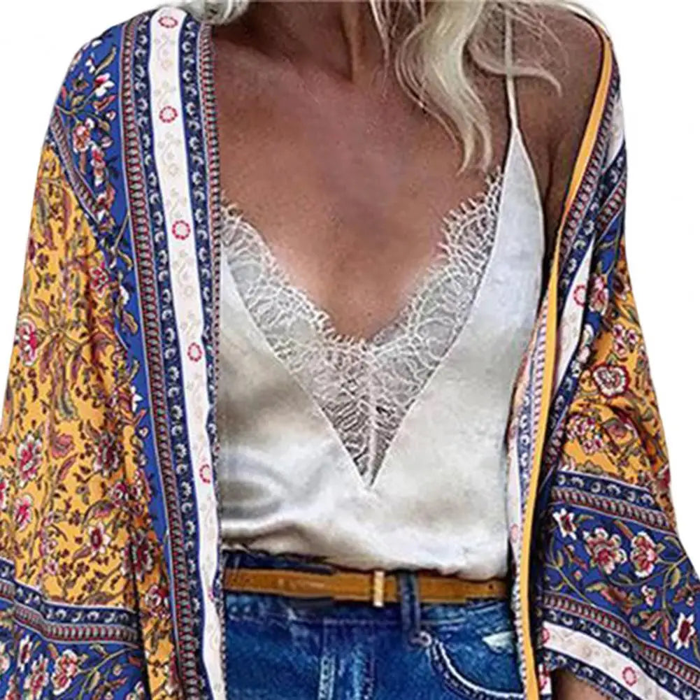Bohemian Sun Protection Long Blouse Women Cardigan Floral Print Batwing Sleeve Summer Cardigan for Daily Wear