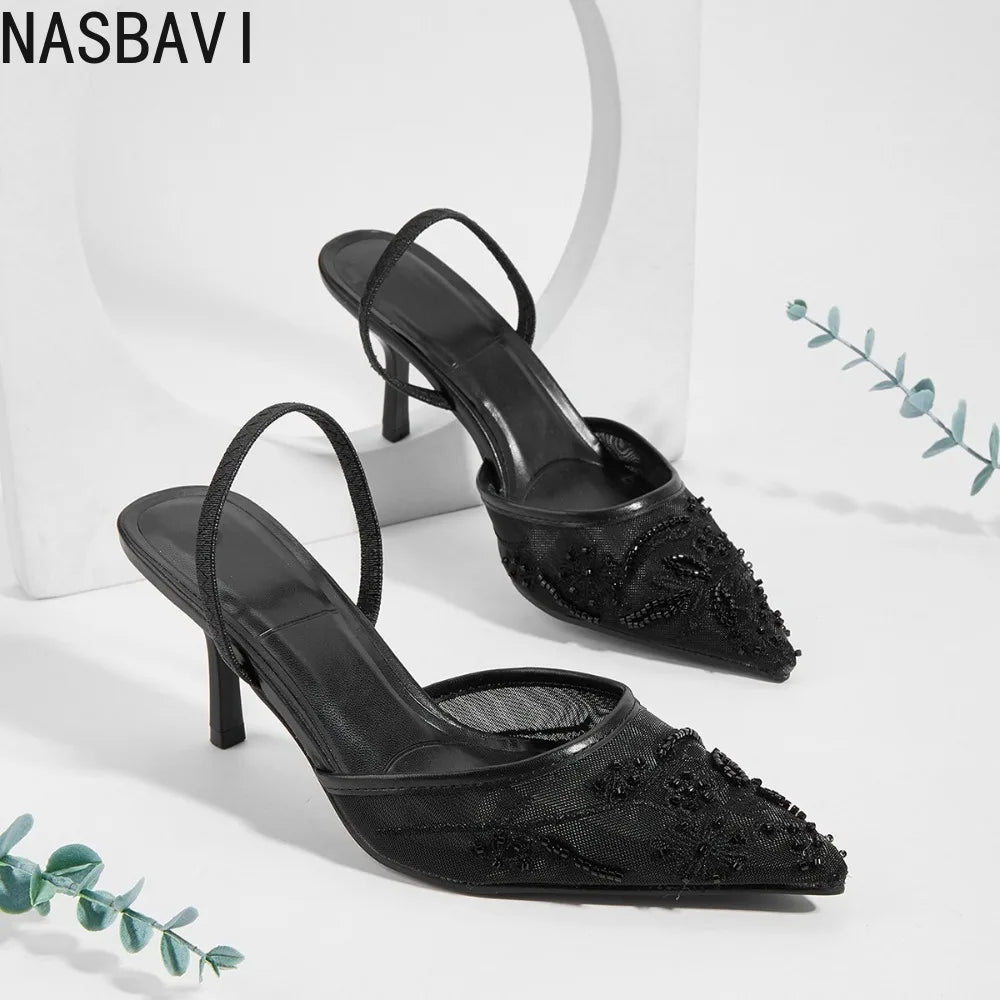 Brand Lace Designer White Women Wedding Pumps Mesh Embroidered Flowers Back Strap Sexy Slingback High Heels Dress Shoes Ladies