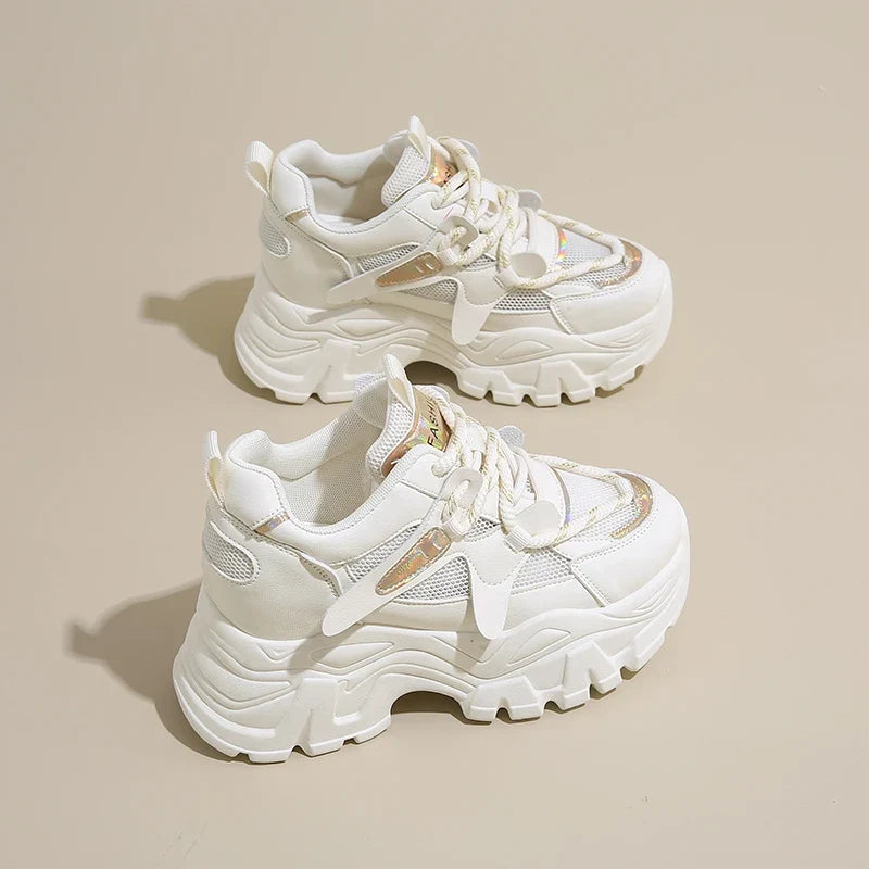 Breathable Chunky White Sneakers for Women Fashion Laser Thick Bottom Vulcanize Shoes Woman 2025 Lace Up Platform Running Shoes