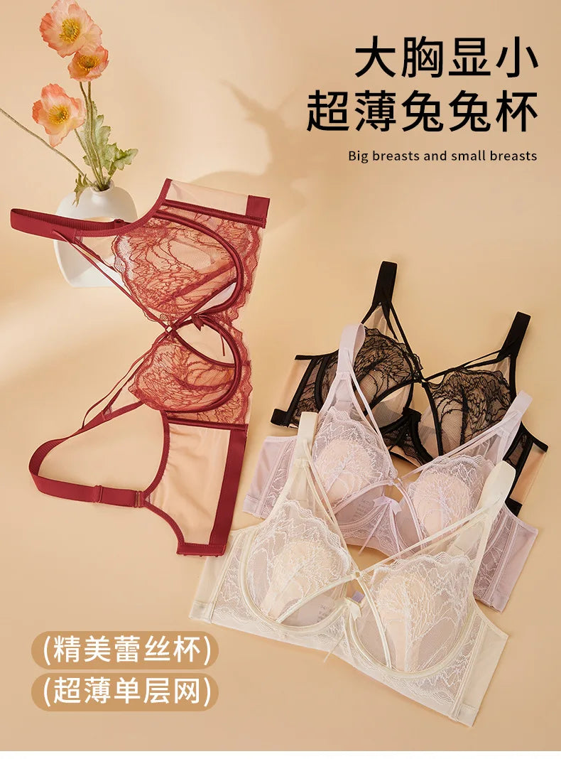Women's French Pure Desire Lace Lingerie Set - Rabbit Ear Cup Thin Push Up Bra Minimizer for Large Bust