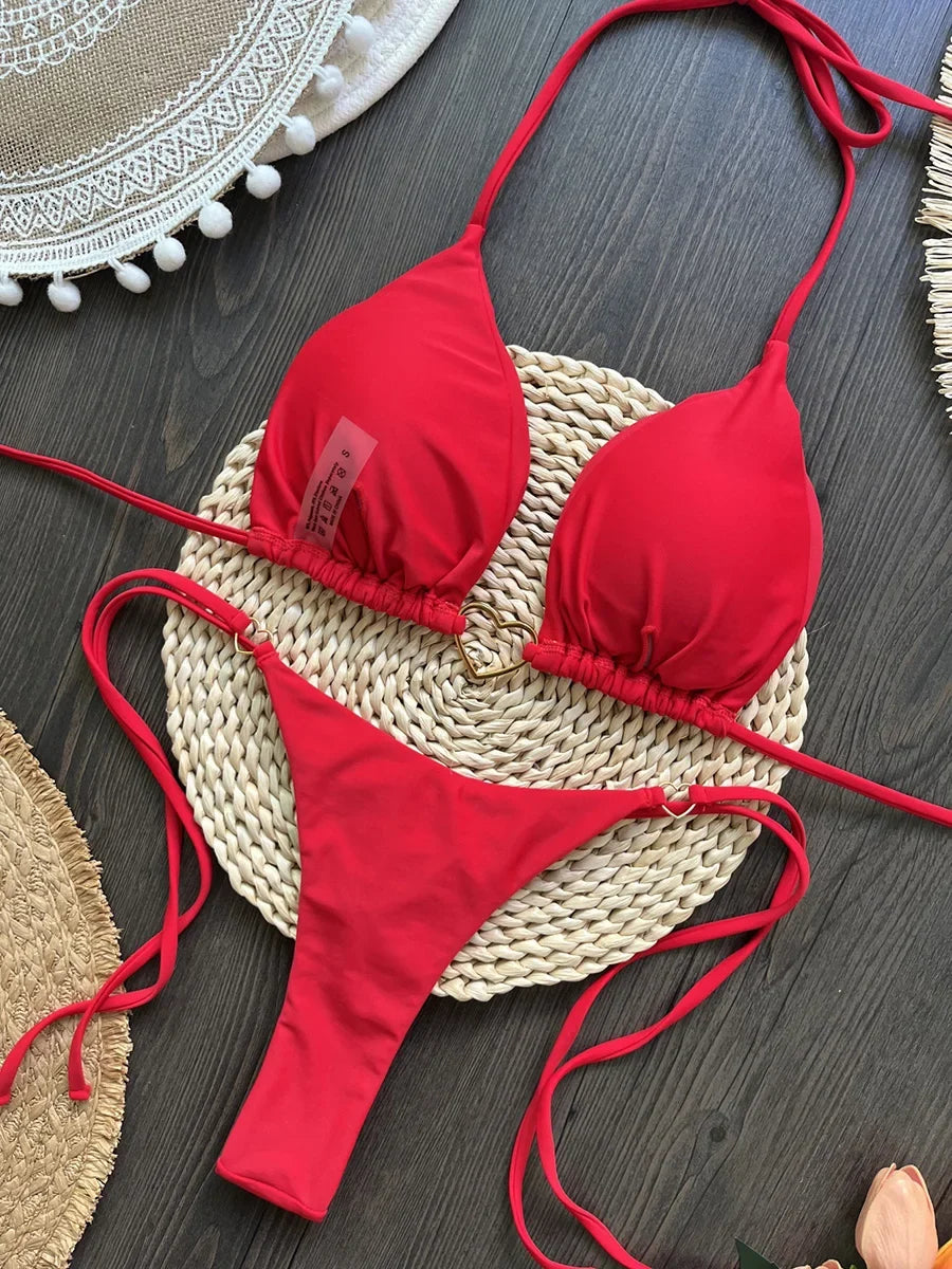 Heart-shaped Halter Micro Thong Bikini Female Swimsuit Women Swimwear Two-pieces Bikini Set Brazilian Bather Bathing Suit Swim