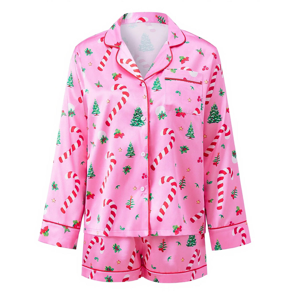 Women Satin 2 Piece Christmas Pajama Set Printed Long Sleeve Button-up Tops and Elastic Waist Shorts Summer Fall Sleepwear