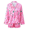 Women Satin 2 Piece Christmas Pajama Set Printed Long Sleeve Button-up Tops and Elastic Waist Shorts Summer Fall Sleepwear