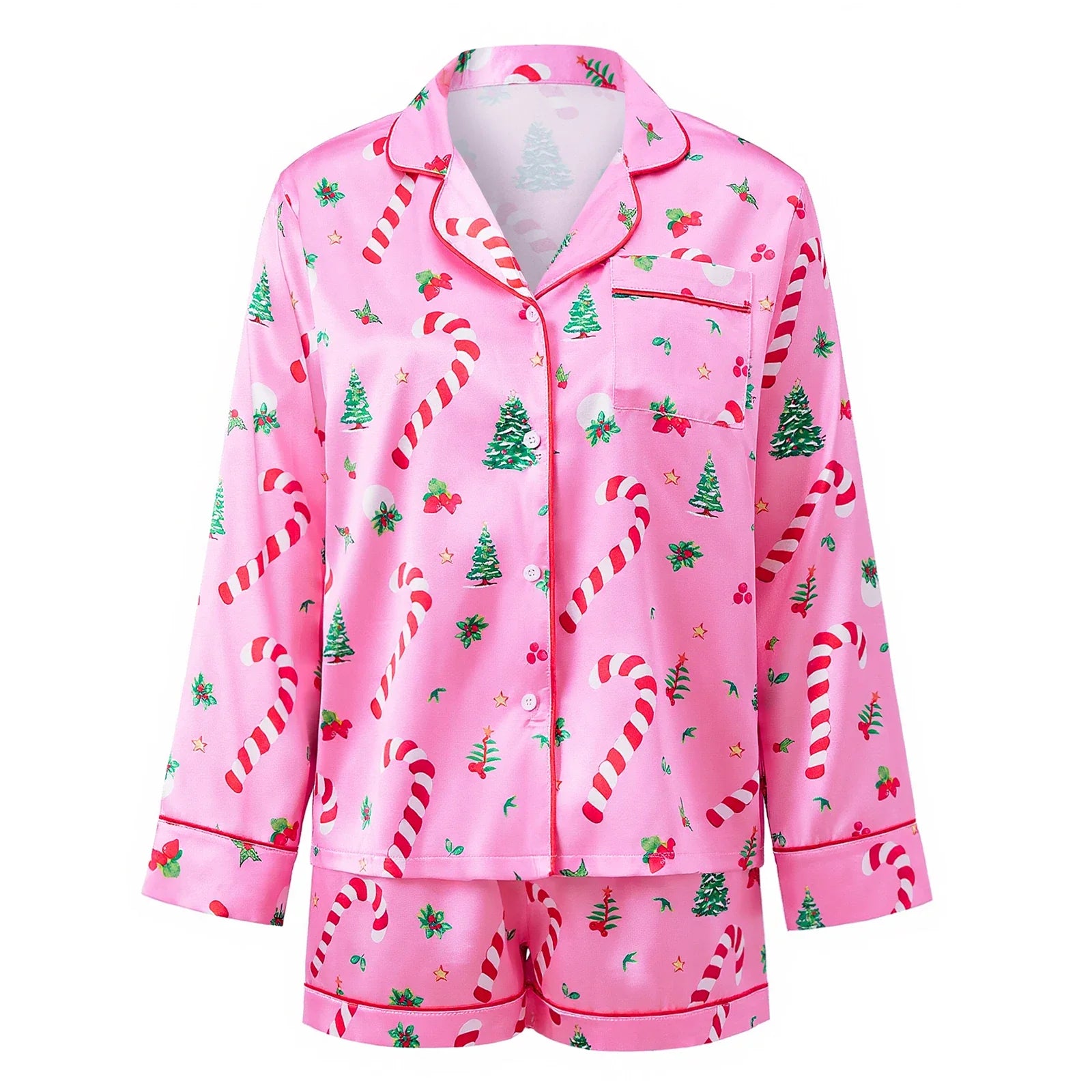 Women Satin 2 Piece Christmas Pajama Set Printed Long Sleeve Button-up Tops and Elastic Waist Shorts Summer Fall Sleepwear