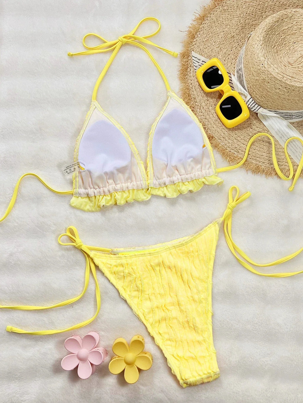DEKA Yellow String Bikinis Halter Triangle Micro Bikini Set Thong Ruffled Ruched Sexy Swimsuit Women 2025 Swimwear Bather De Muj