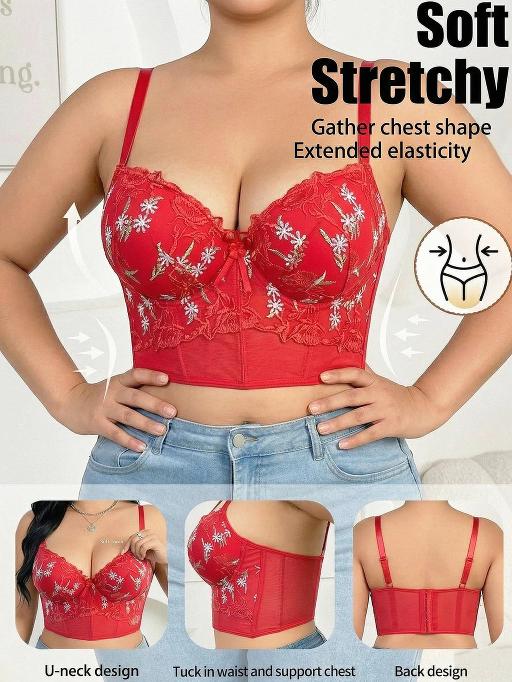 Women's Floral Embroidery Lace Push Up Bra With Underwire Longline Shaping Side Support Minimizer Comfortable Bra