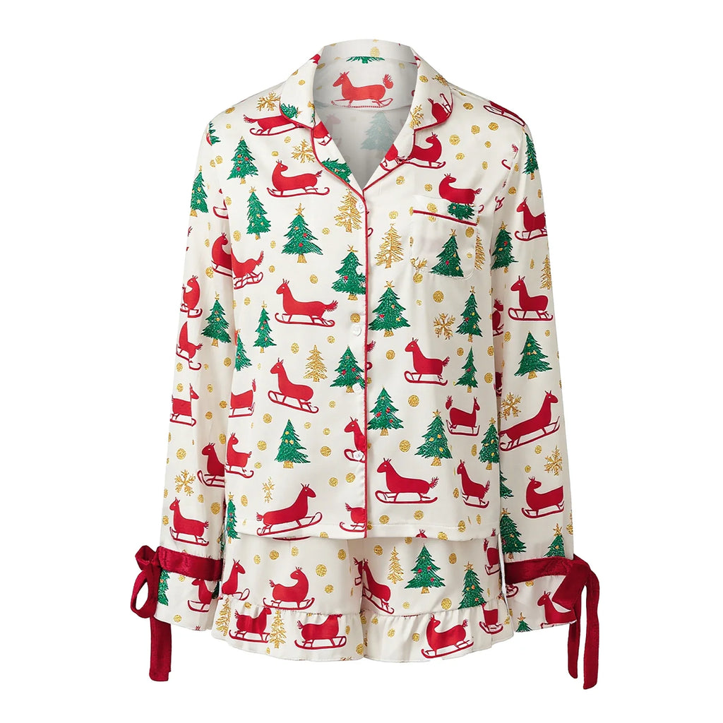 Womens 2025 Christmas Pajamas Sets Print Button Up Long Sleeve Lapel V Neck Tops and Shorts Lounge Wear Satin 2 Pieces Set