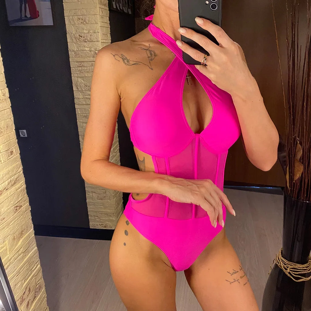 S - XL Underwired Cut Out Halter Women Swimwear One Piece Swimsuit Female Monokini High Cut Bather Bathing Suit Swim Lady V4418