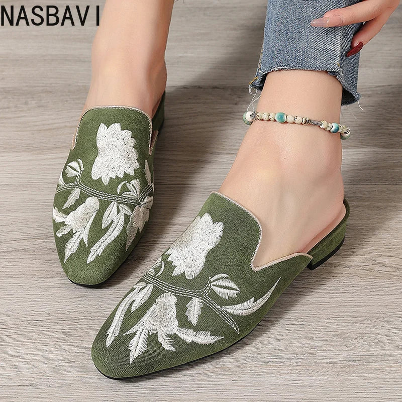 NASBAVI Fashion 3d Embroidery Mules Women Fur Slippers Velvet Shoes Ladies Low Heel Flower Decoration Sandals Women's Flip Flops