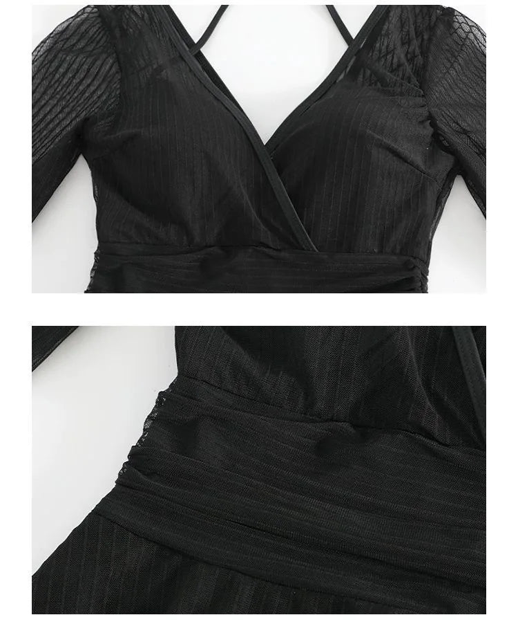 Swimsuit Women's Summer New One-piece Skirt Style Slimming Lace Long Sleeved Small Chest Steel Support Hot Spring Swimsuit