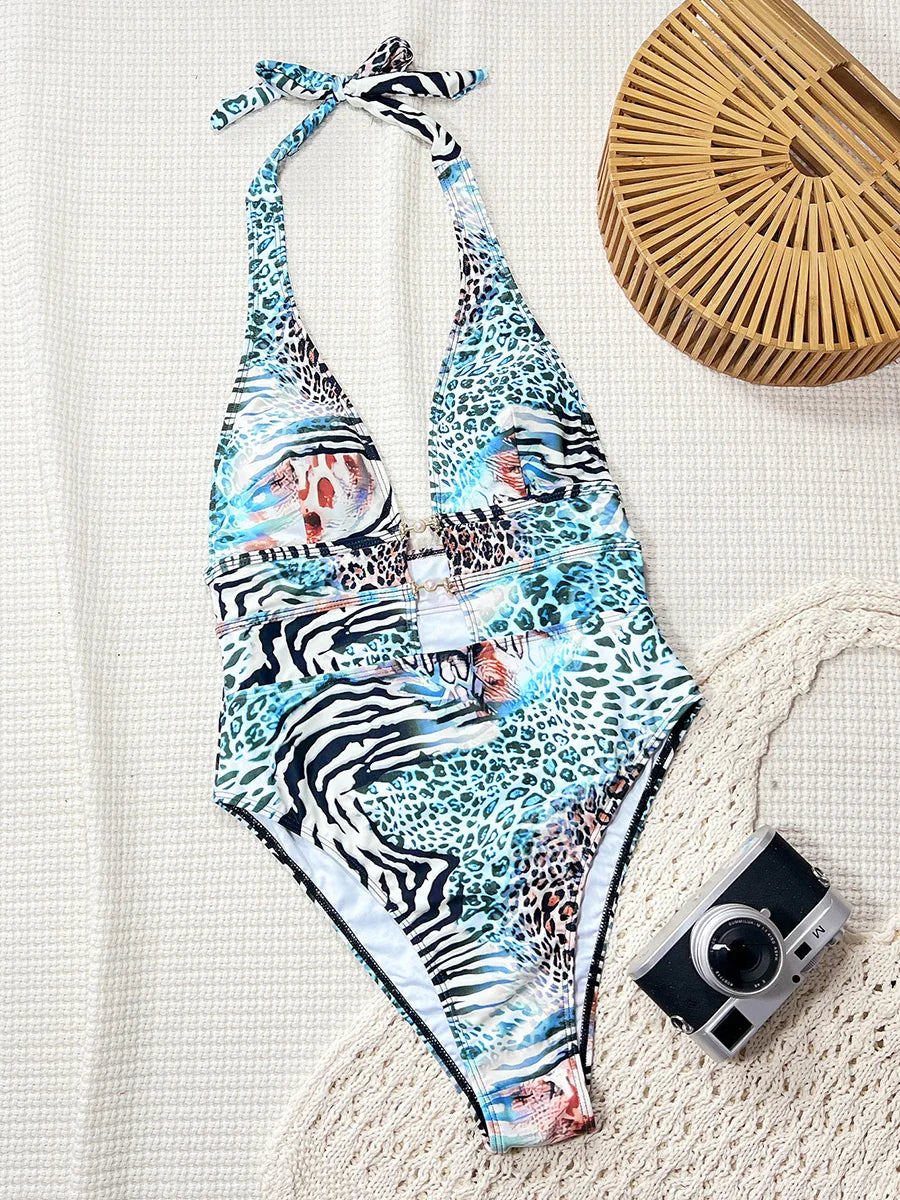 Tiger Printed Halter Deep V Neck One Piece Swimsuit Women Swimwear Female Backless Monokini High Cut Bathing Suit Swim Bodysuit