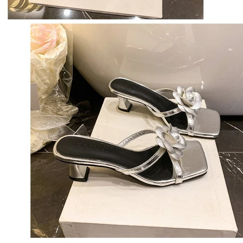 Women Sandals Flower Decor Low Heels Sandals Elegant Point Toe Pumps Fashion Ankle Strap High Heels shoes women slides women