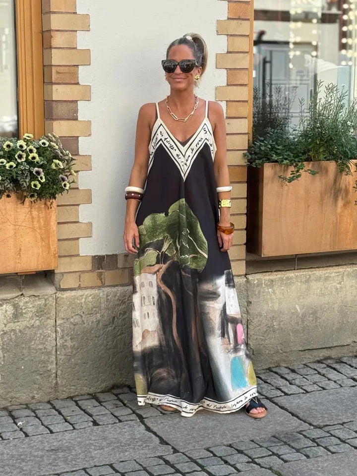 Casual Vacation Style Print Spaghetti Strap long Dresses Women Sexy V-neck Backless Loose Sleeveless Dress Female Summer New