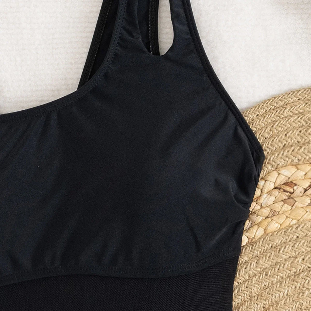 Vintage Black One Piece Swimsuit Skirt Sets Women Sexy One Shoulder Mesh Patchwork Slim Fit Tswimwear 2025 Beach Bathing Suits