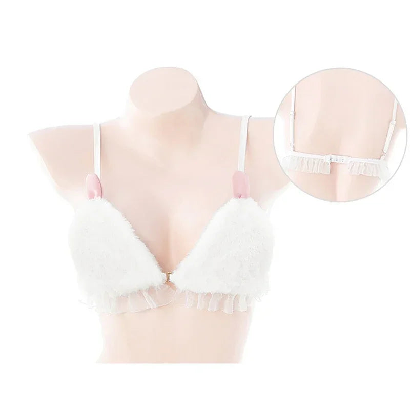 Bunny Girl Cosplay Sweater Underwear Women Sexy Lingerie White Plush Rabbit Ear Bra and Panties Suit Exotic Outfits Costumes
