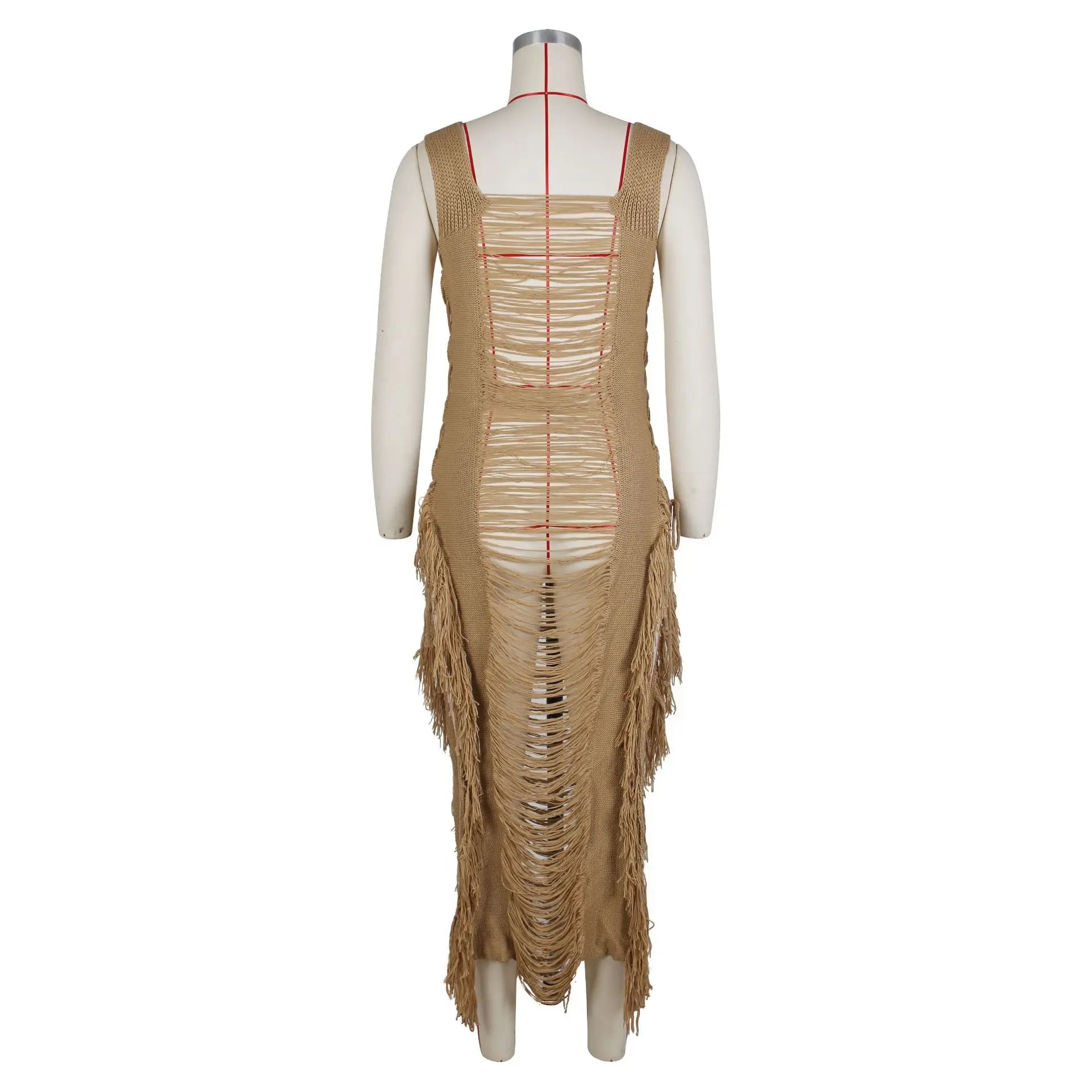 DEKA Women Knitted Tassel Beach Bikini Cover Up Backless Crochet Long Beach Dress Swimwear Side Split Hollow Out Sundress