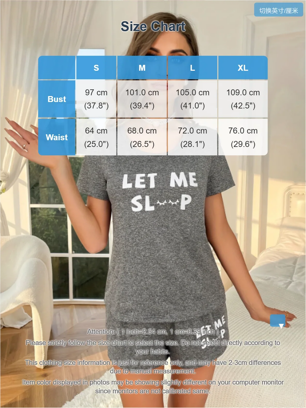 Women Pajama Set Gray Short Sleeve Top and Shorts with White Letter Print “LET ME SLEEP” Cute Casual Loungewear Sleepwear