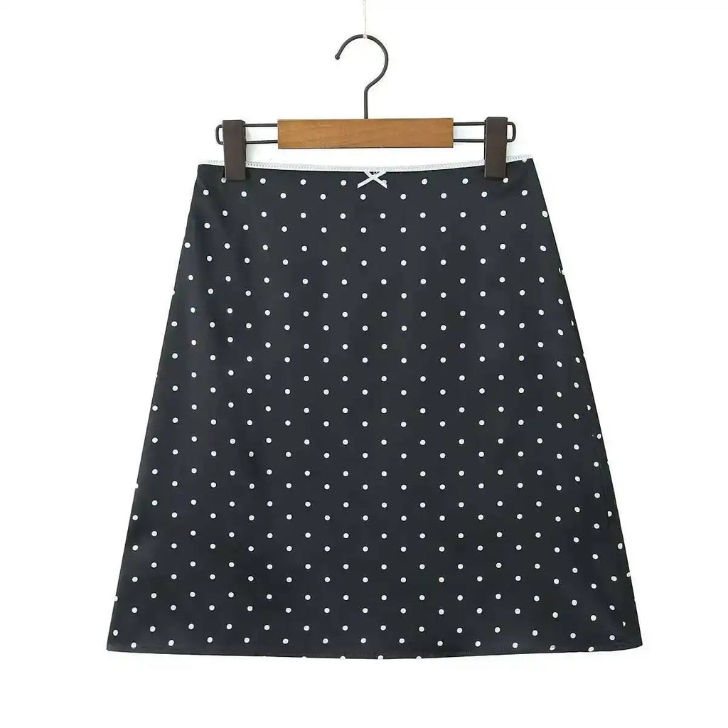 2026 Women Vintage Black White Polka Dot A-line Knee Length Skirt Sexy Low Waist Holiday Summer Skirts Slim Mini Skirts J7L2
