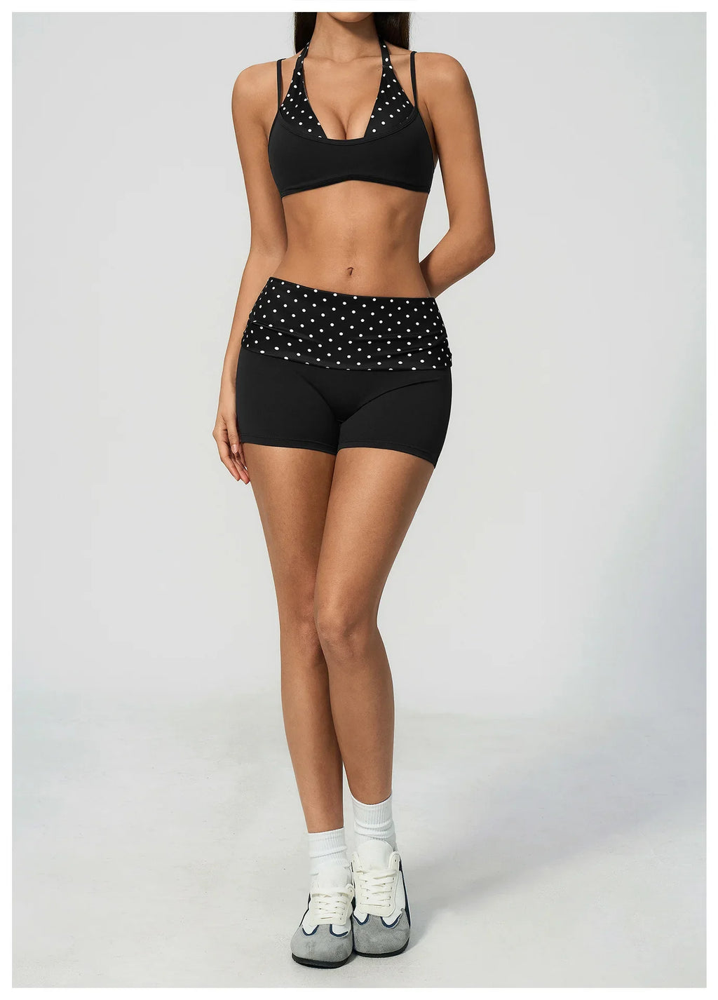 Breathable Striped Patchwork Yoga Clothing Women Fake Two-piece Sports Bra Folding High Waist Shorts Gym Running Fitness Suit
