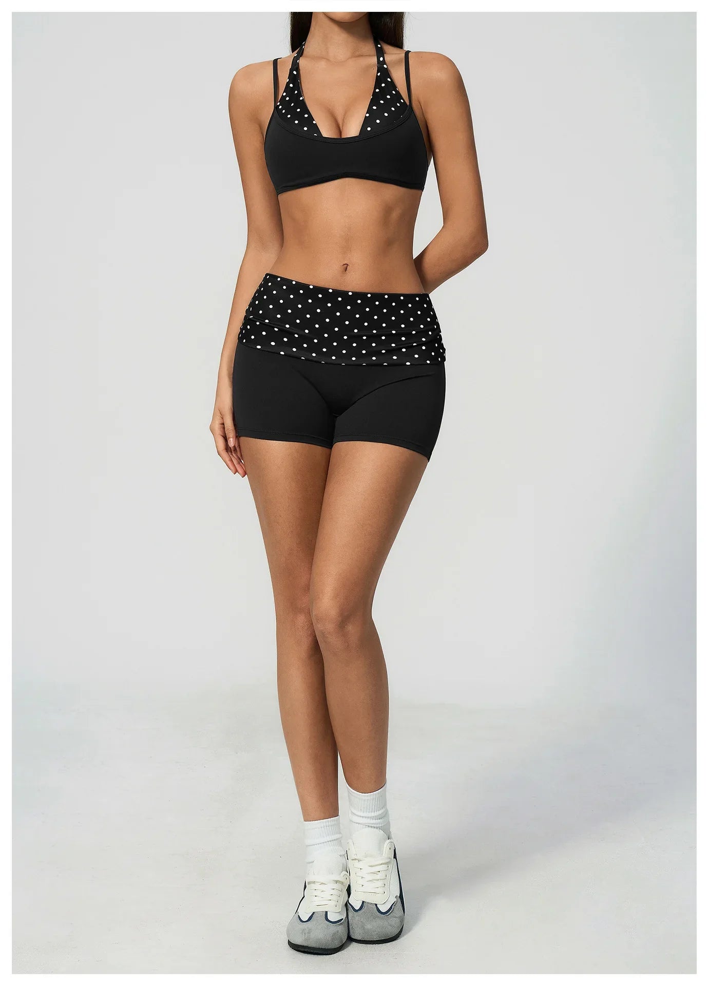 Breathable Striped Patchwork Yoga Clothing Women Fake Two-piece Sports Bra Folding High Waist Shorts Gym Running Fitness Suit
