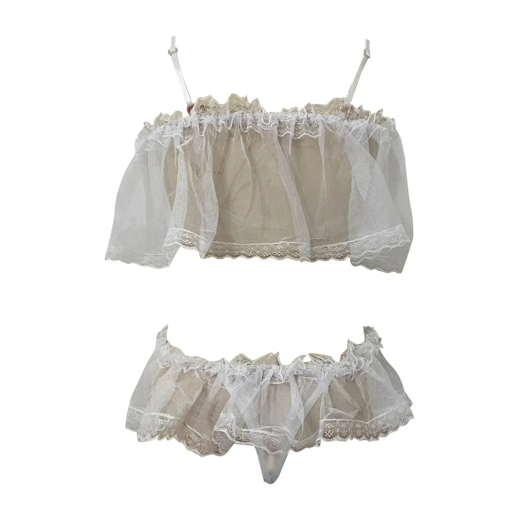 Women Sexy Lingerie Sets Lace Mesh Underwear Suits Transparent See-Through Sleepwear Plus-Size Naughty Ruffles Pajamas Costume