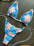 DEKA Tie Dye Bikini Set Pearl Swimsuit Women Pleated Triangle Lace Up Thong Micro Bikini Summer New Sexy Ladies Bathing Suit