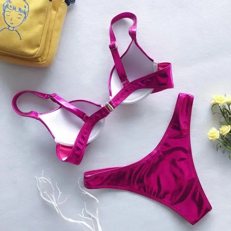 Sexy Metallic Push Up Micro Bikinis Sets Padded Bra Bathing Suit Beach Wear Women Sexy Thong Bikini Reflective Shinny Swimsuits