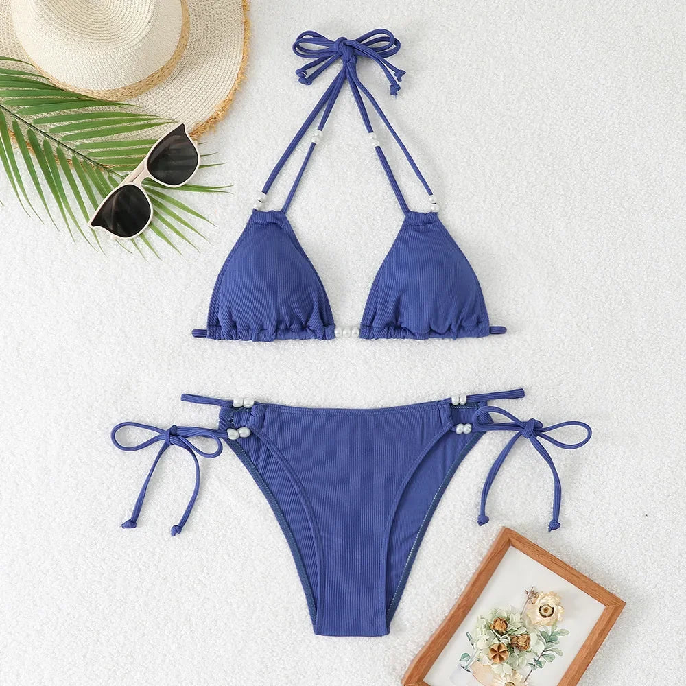 Sexy Orange Bikini 2025 Women Pearls Strap Push Up Drawstring Side Thong Swimsuit Luxury Lace Up Beach Bathing Suit Swimwear
