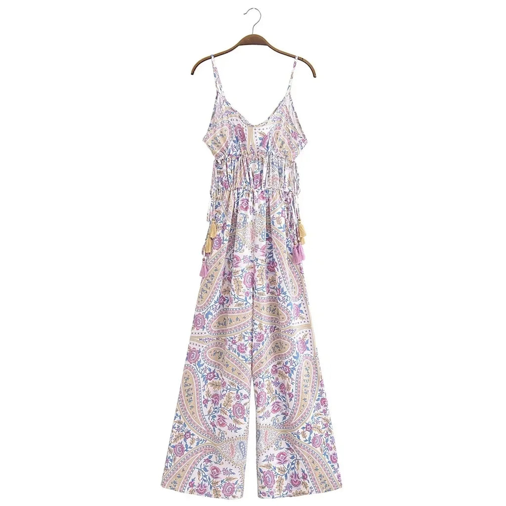 Paisley Print Bohemian Wide Leg Long Pants Jumpsuit Women Summer New Overalls Spaghetti Strap Loose Casual Boho Jumpsuit Tassel