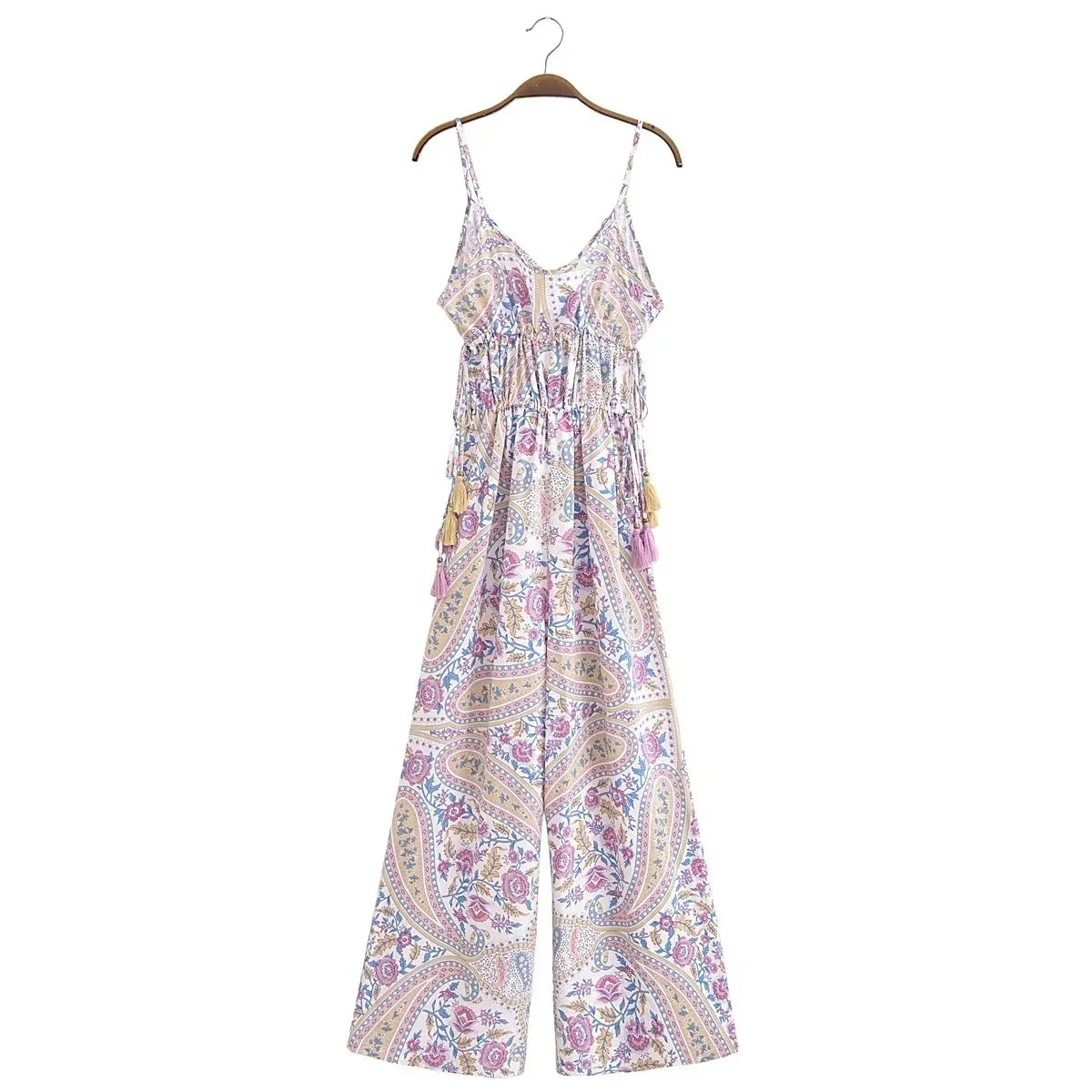 Paisley Print Bohemian Wide Leg Long Pants Jumpsuit Women Summer New Overalls Spaghetti Strap Loose Casual Boho Jumpsuit Tassel